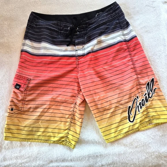 O'Neilll 32" Vintage Black Umbre Orange.Striped Board Shorts Old School Y2K - Picture 1 of 7